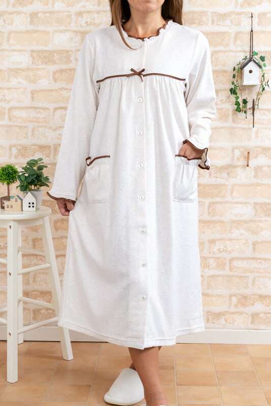 楽天市場 パイル地前開き長袖ワンピース 春 初秋向き商品 ネグリジェ 入院準備 マタニティパジャマに最適 ルームウェア パジャマ レディース 部屋着の時間