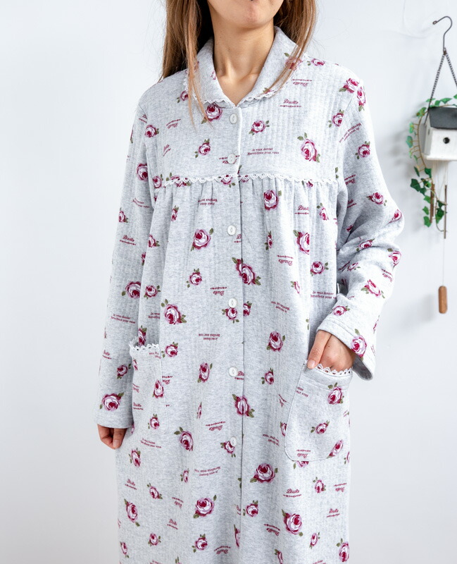 楽天市場 綿100 中わたニットキルト地バラ ローズ ワンピース 前開き 長袖 長袖 冬向き商品 女性用ナイトウェア ルームウェア ネグリジェ 部屋着の時間