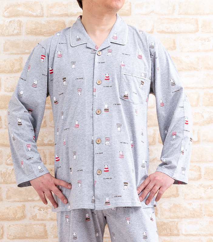 パジャマメンズワンちゃん柄長袖春秋前開き肌に優しい綿100%滑らかな肌触りのやや薄いニット地紳士ナイトウェアルームウェア【LLサイズ】入院準備父の日