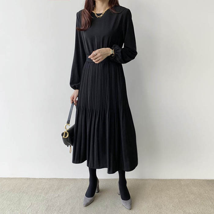 楽天市場 送料無料 プリーツ ワンピース ロングワンピース シフォン レディース ロング丈ワンピース 長袖 ワンピ フォーマル 仕事 オフィス おしゃれ 可愛い 着やせ 春 秋 冬 Soomoo
