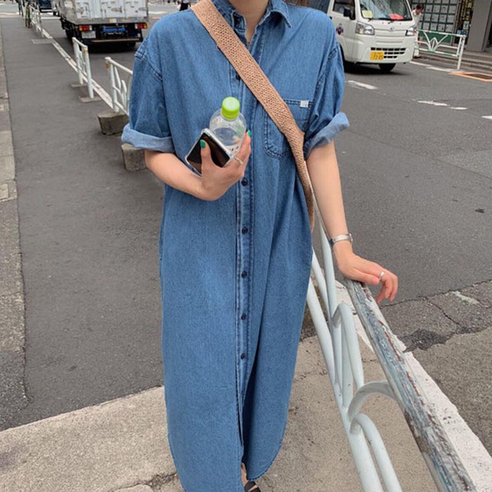 楽天市場 デニムシャツワンピース デニムワンピース ロング コーデ デニム ロングワンピース 大きいサイズ デニムワンピ シャツ シャツワンピ マキシワンピース マキシ丈 きれいめ ナチュラル 可愛い 春秋新作 春物 ゆったり 体型カバー 通勤 通学 Soomoo