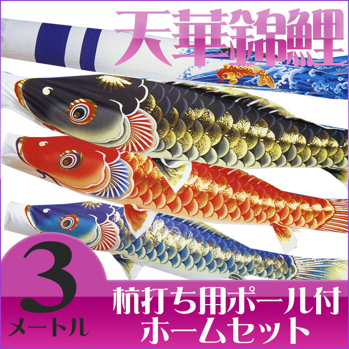【送料無料】天泳ぐ華やかな鯉のぼり☆天華錦鯉 絵柄吹流 ３Ｍ マイホームセット こいのぼり/庭/杭打ち/ポール付き/3メートル