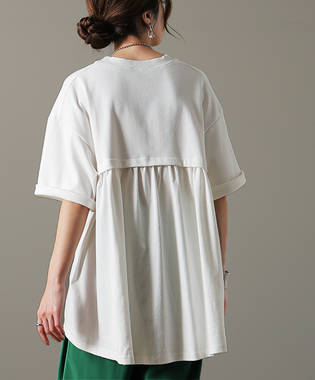 Tシャツ 「コンプレックス克服」 体型カバー ロング バックフリル 【即納】 トップス 二の腕カバー きれいめ レディース
