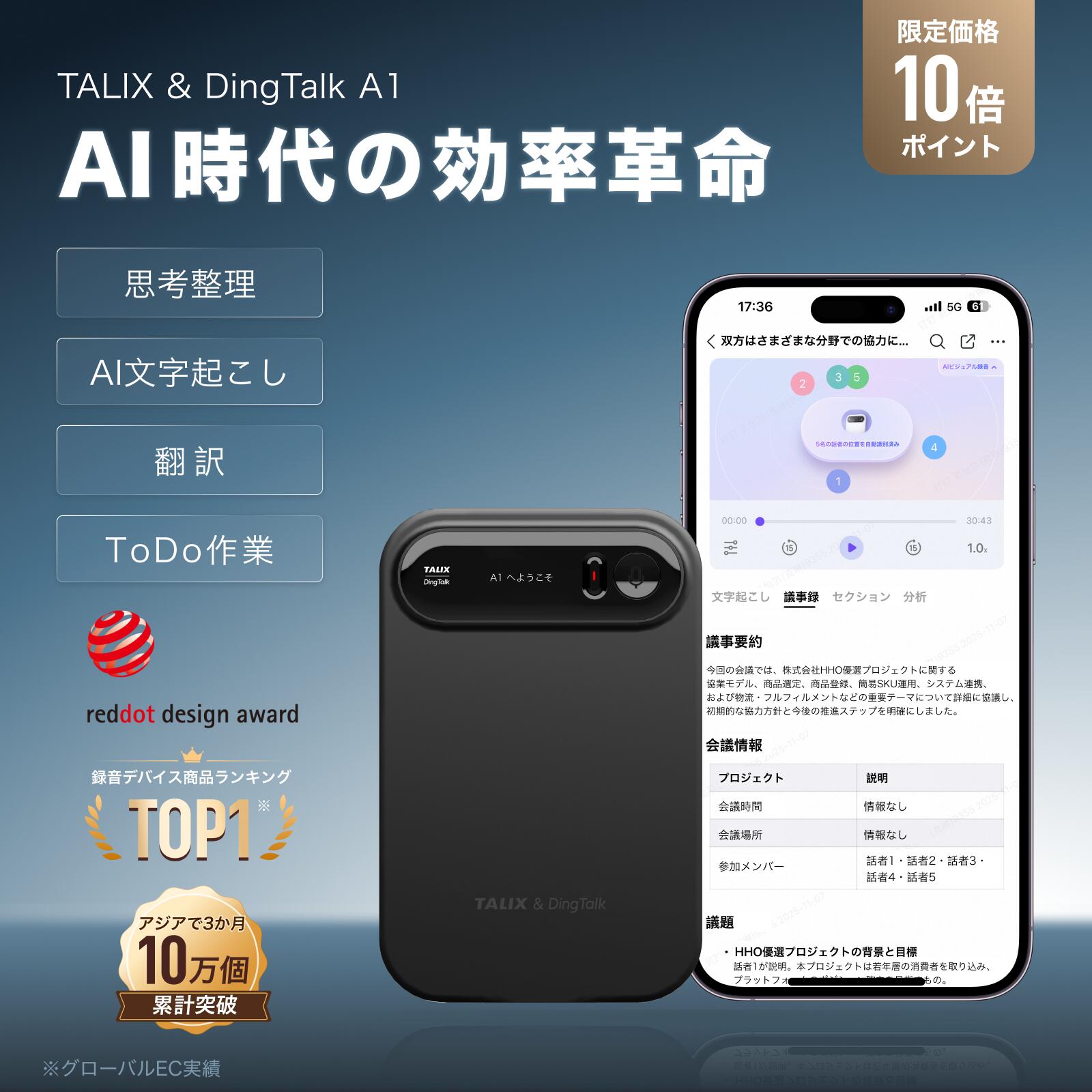 ★P10倍 TALIX DingTalk A1 AIアシスタント AIボイスレコーダー ICレコーダー 文字起こし 21言語同時通訳 音声録音 スマート録音モード自動切替 議事録作成 ポータブル音声レコーダー アプリ連動 要約テンプレート AI指向性収音 8m音声収音 最大45時間連続録音 極薄 Type-C｜エイチエイチオーストア 19,028円
