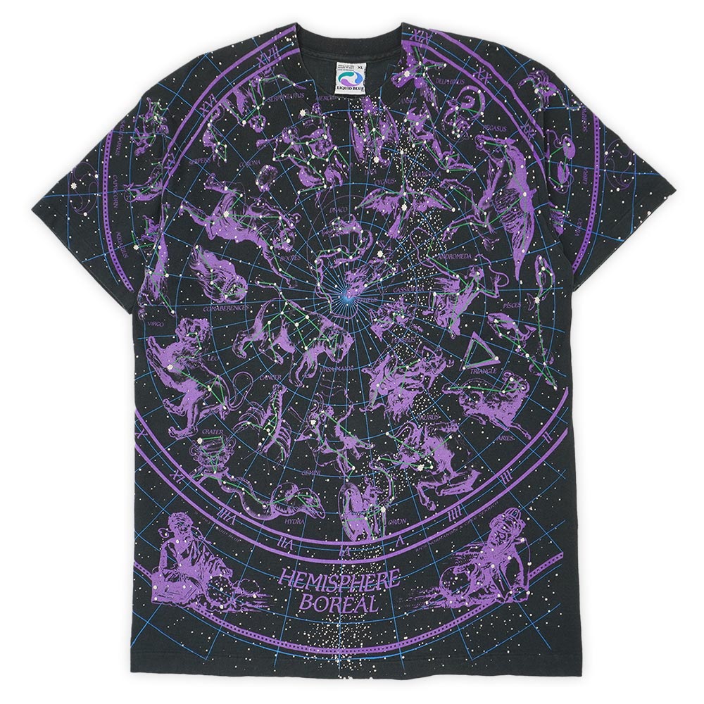 リキッドブルー LIQUID BLUE 90s 90年代 オールオーバープリント 総柄 星座 MADE IN USA アメリカ製 ヴィンテージ 古着 メンズ Tシャツ カットソー ブラック 黒 XL【中古】｜Hi-smile