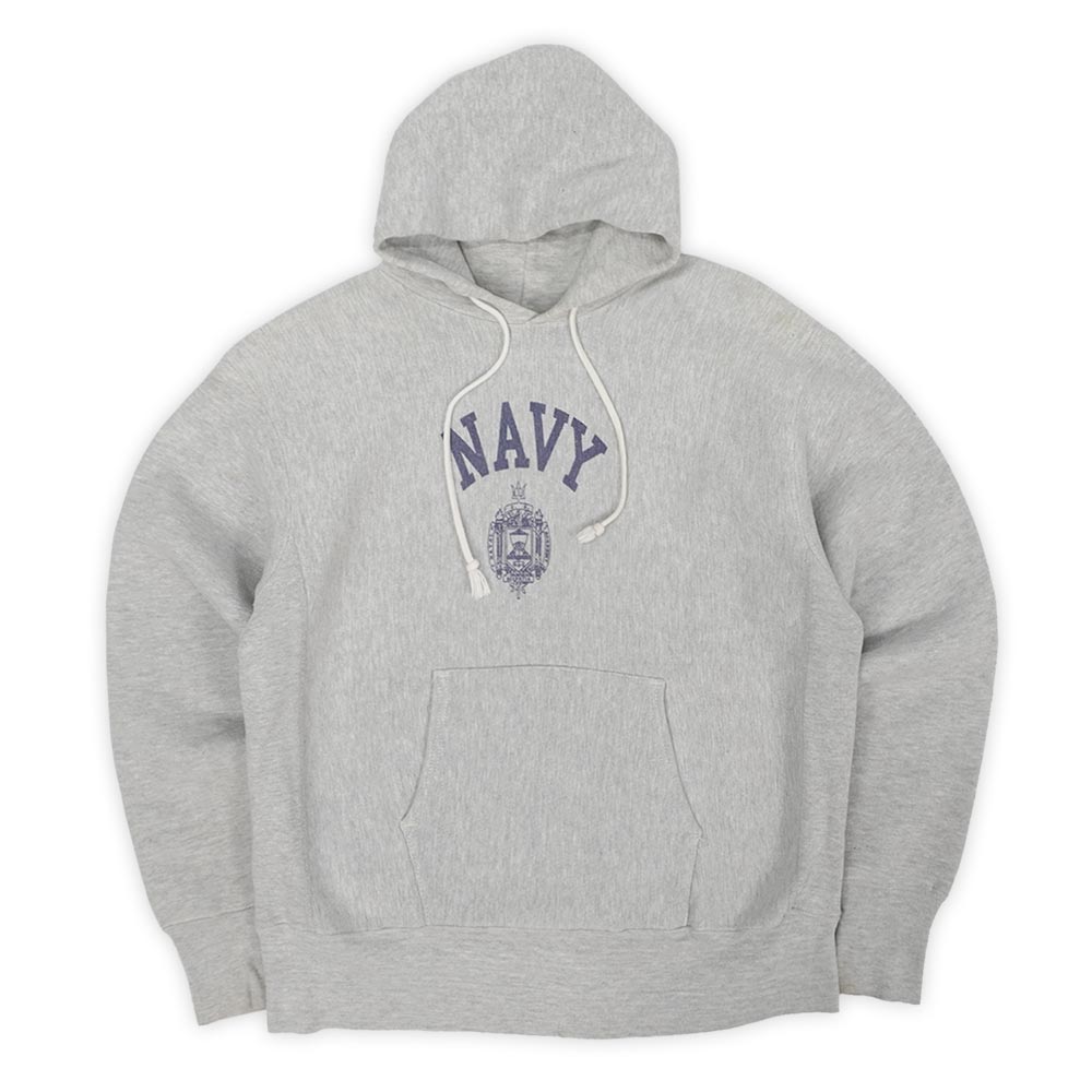 チャンピオン Champion 70s 70年代 単色タグ リバースウィーブ スウェットパーカー フーディー NAVY 染み込みプリント ミリタリー MADE IN USA アメリカ製 ヴィンテージ 古着 霜降りグレー M【中古】