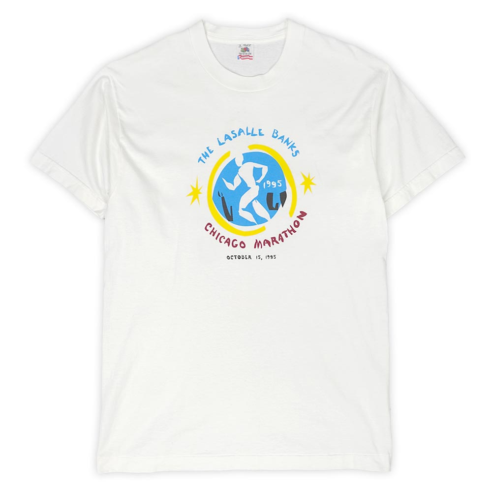 シカゴマラソン Chicago Marathon 90s 90年代 両面プリントTシャツ USA製 アメリカ製 フルーツオブザルーム FOL ヴィンテージ 古着 メンズ Tシャツ カットソー ホワイト 白 L【中古】