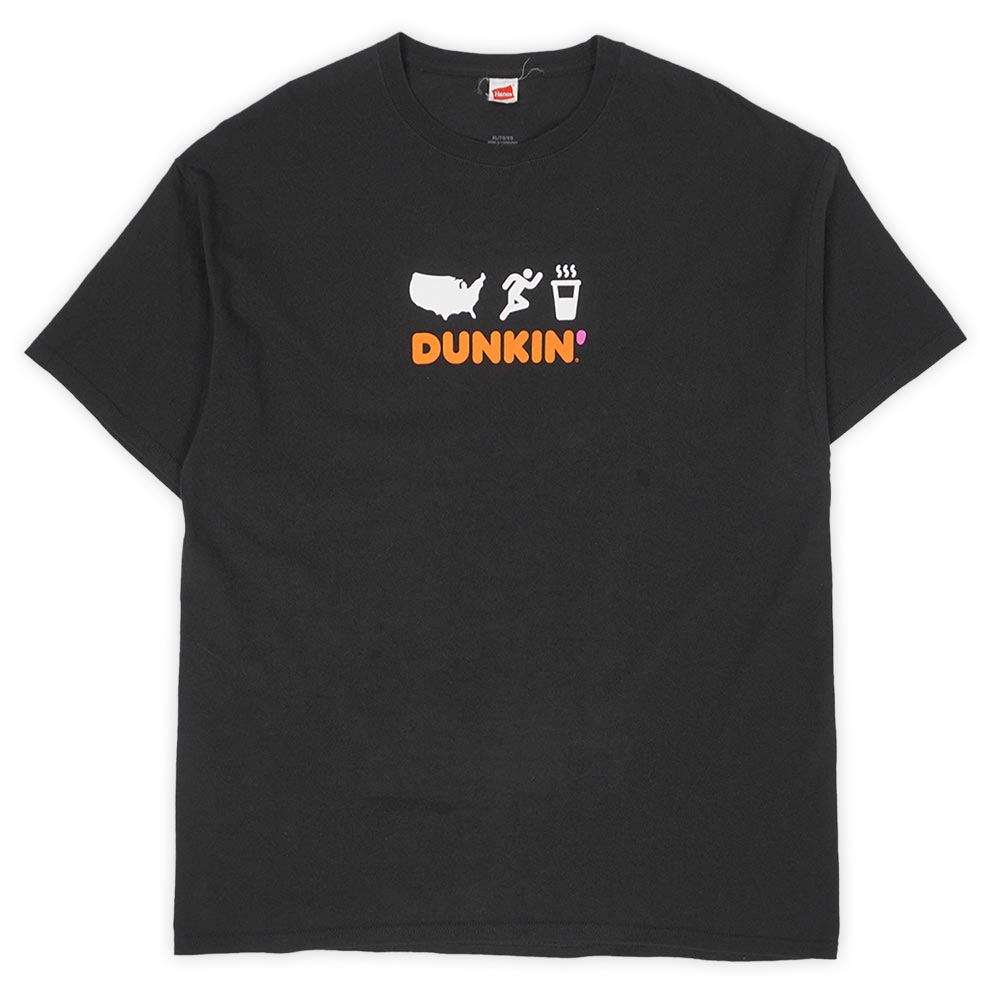 ダンキンドーナツ DUNKIN' DONUTS 00s 2000年代 Y2K 両面プリントTシャツ ロゴ 企業物 Hanes ヘインズ USA ヴィンテージ アメリカ 古着 メンズ Tシャツ カットソー ブラック 黒 XL【中古】