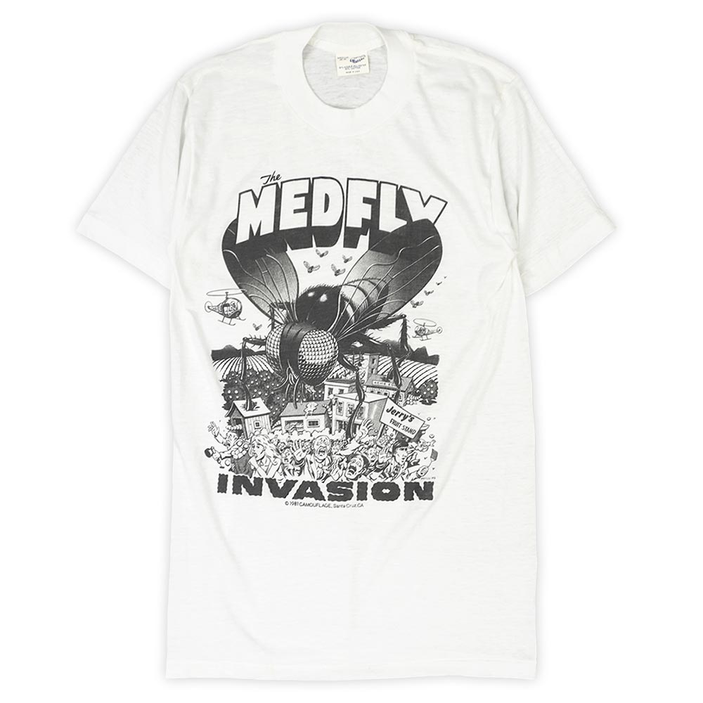 The MED FLY INVASION 80s 80年月日 作物刷り上げるプルオーバー 体育館・フィリップス MADE IN USA 亜米利加製 SANTA CRUZ OLD SK8 ヴィンテージ 古着 メンズ 白いこと 白 M【中古】