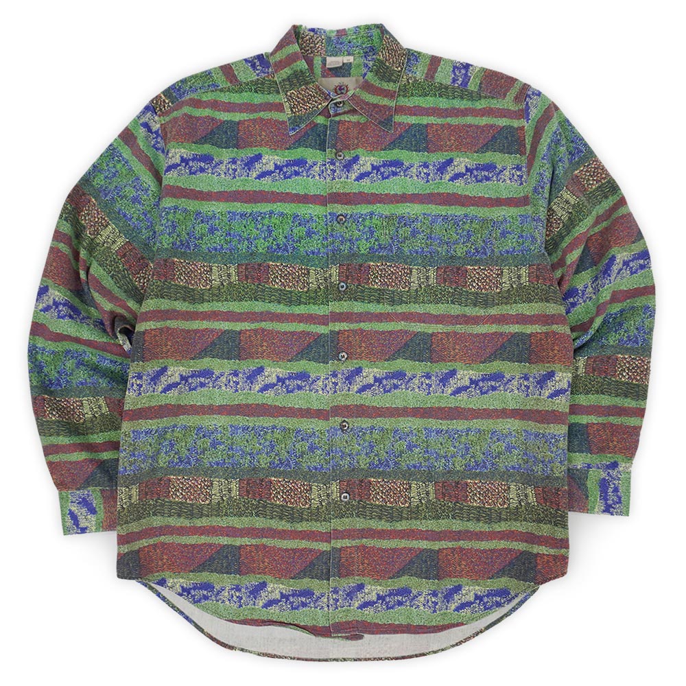テリトリーアヘッド THE TERRITORY AHEAD 90s 90年代 総柄 レギュラーカラーシャツ 長袖 ボーダー 珍品 USA アメリカ ヴィンテージ 古着 メンズ シャツ グリーン系 M【中古】｜Hi-smile