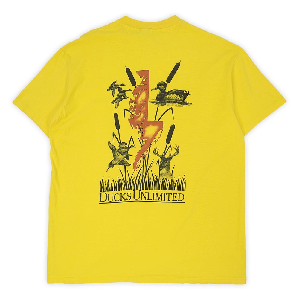 ダックスアンリミテッド DUCKS UNLIMITED 80s 90s 両面プリント ポケットTシャツ ポケT MADE IN USA アメリカ製 シングルステッチ Stedmanボディ ヴィンテージ 古着 イエロー XL【中古】