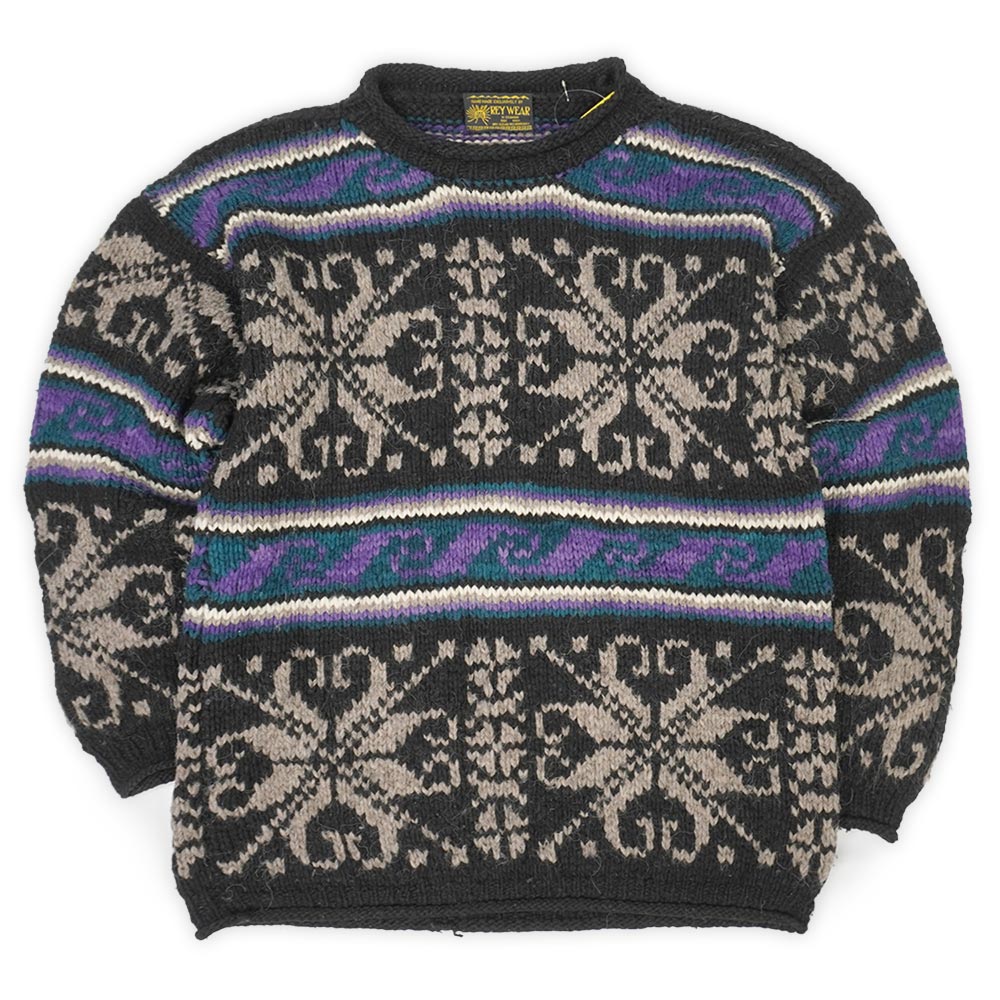 REY WEAR 80s 90s 80-90年代 エクアドルニット ロールネック 総柄 ハンドニット WOOL ウール USA ヴィンテージ アメリカ 古着 メンズ ニット セーター ブラック系 L相当【中古】