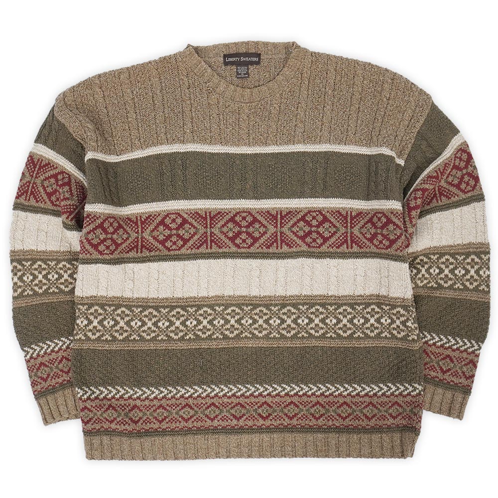 LIBERTY SWEATERS 90s 90年代 総柄 コットンニット クルーネック マルチボーダー MADE IN USA アメリカ製 ヴィンテージ 古着 メンズ ニット セーター ブラウン系 XL【中古】