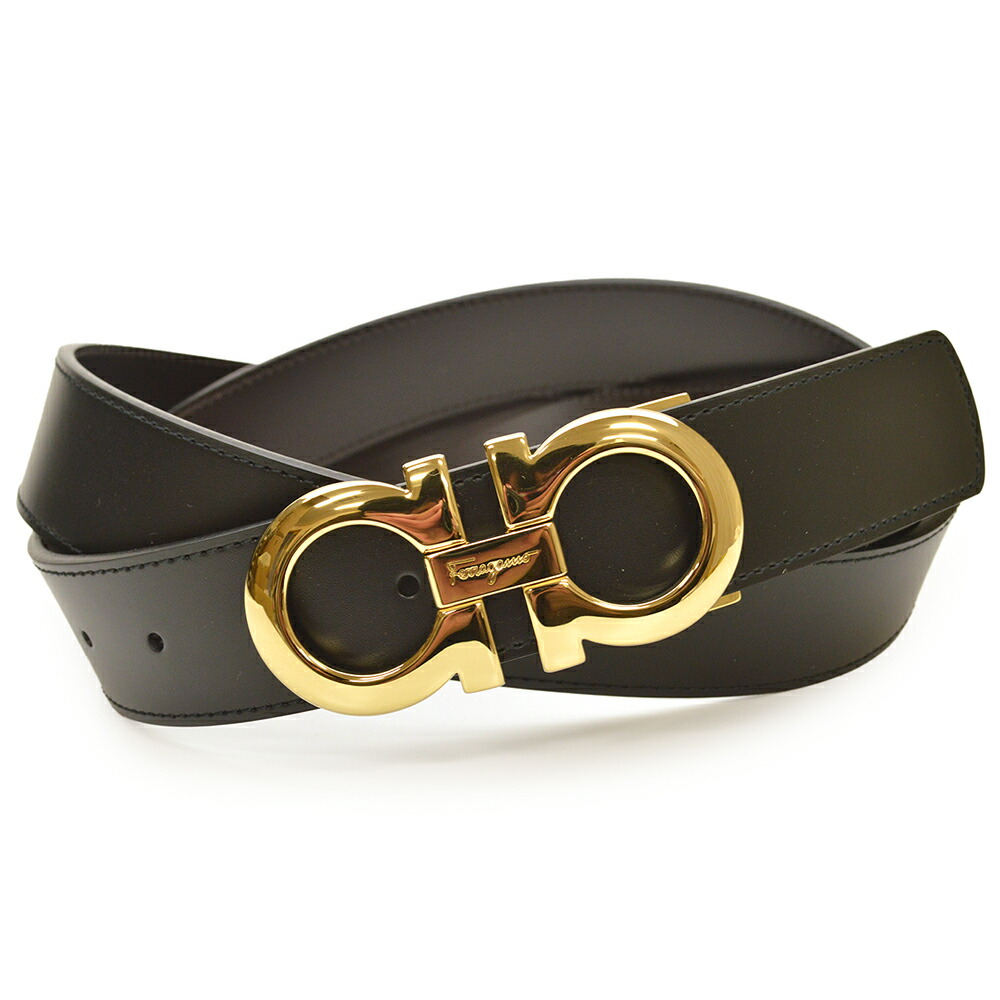 Salvatore Ferragamo レザー ベルト 黒×金バックル メンズ FERRAGAMO フェラガモ リバーシブル ガンチーニ ベルト メンズ