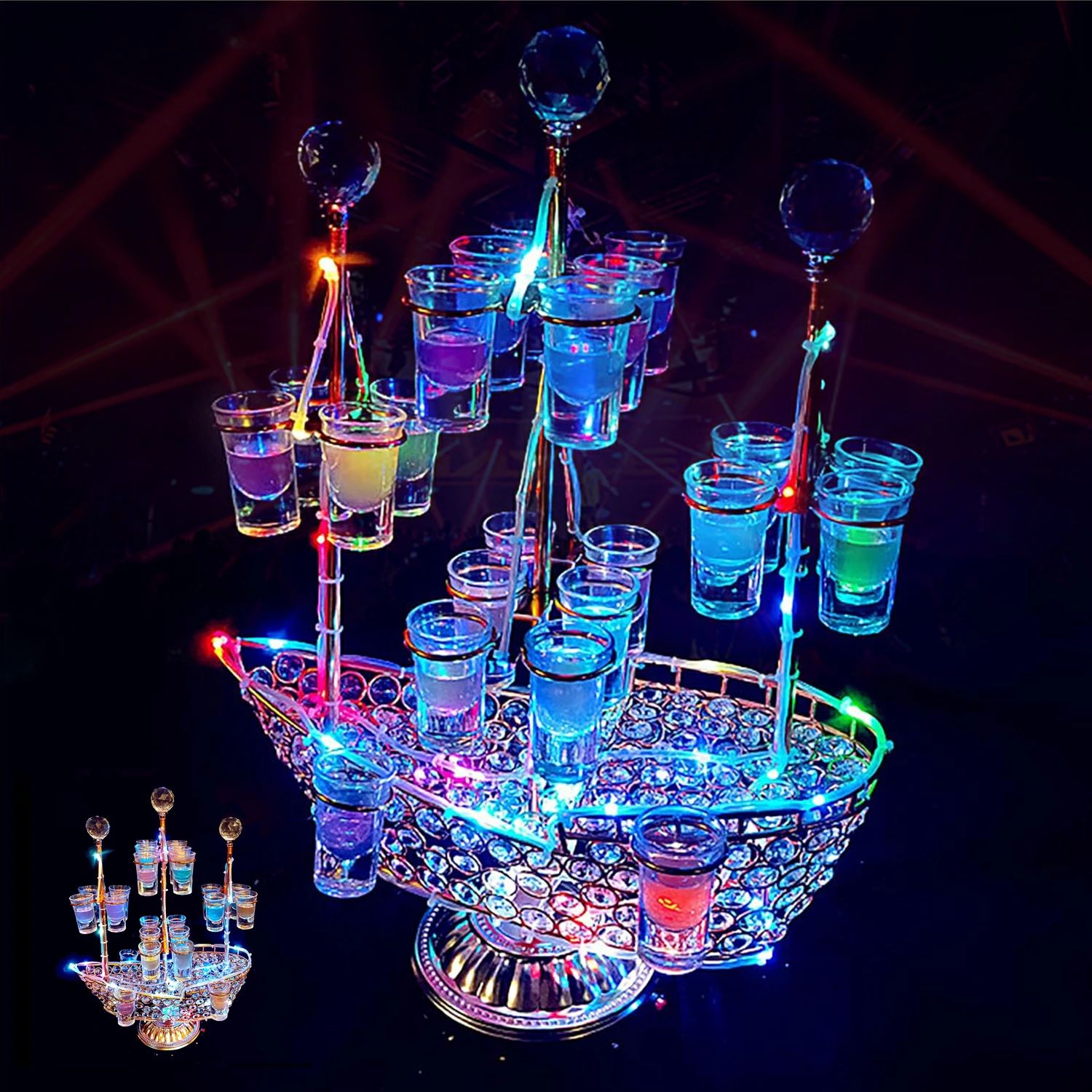 ワイングラス テキーラ観覧車 船 ワイングラスホルダー LED酒ボトルの表示棚 ワインラック カクテルグラスホルダー アイスワインスタンド 酒グラス 収納ラック カラフルなLEDライトスタンド 安定したベー｜ひびのどうぐ