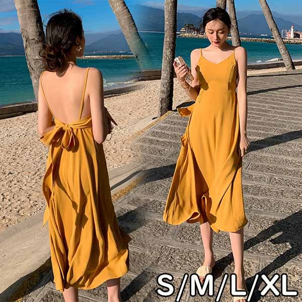 背中開きワンピースリゾートワンピハワイリゾートワンピース沖縄夏ワンピパッド付きセクターロングワンピース肩見せ夏レディースビーチ旅行大人可愛い母の日プレゼントAライン無地イエローt2c6/代引き不可
