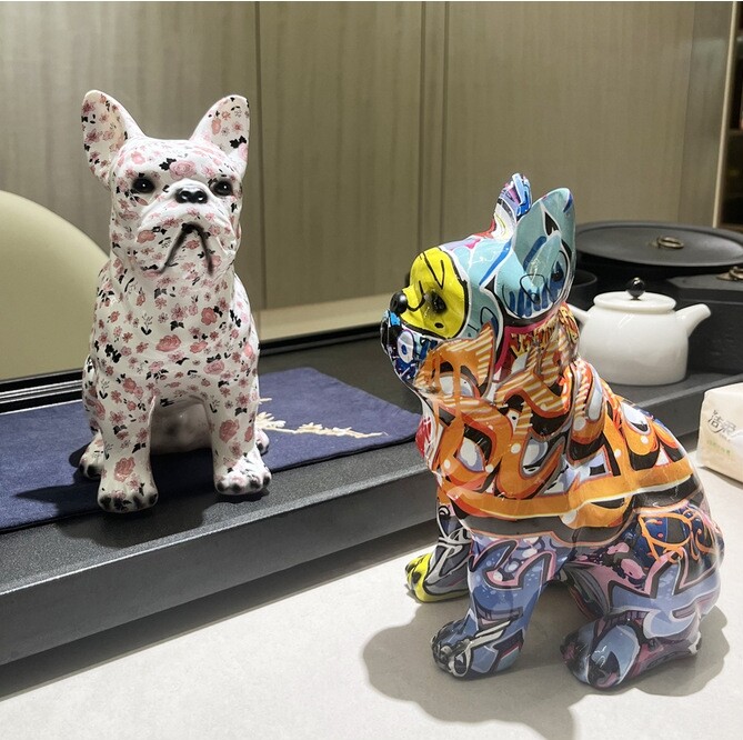 インテリアアートブルドッグオブジェポップアート風犬置物かわいいカラフルオブジェインテリア雑貨デザインアニマルフィギュアインテリアコレクションリビング装飾