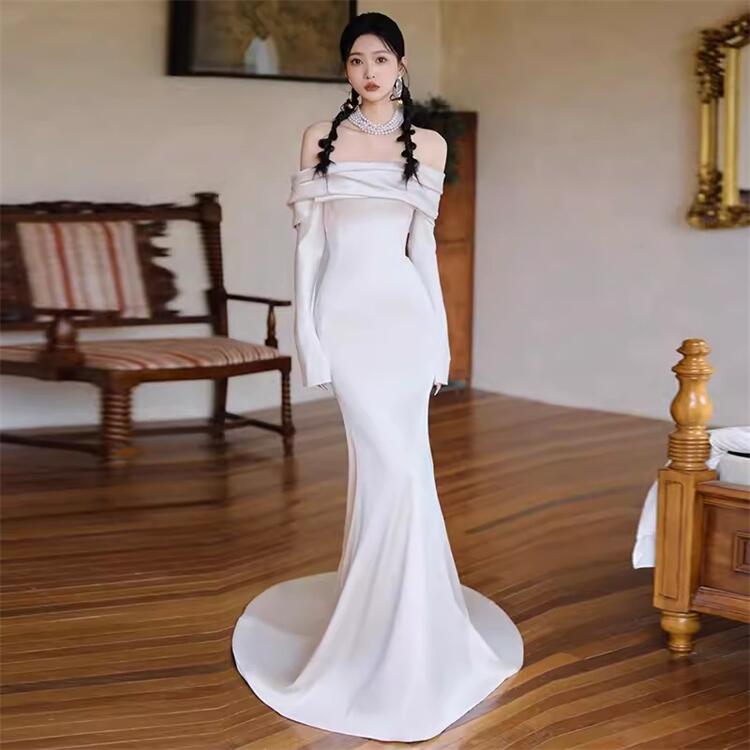 白いこと 華燭の典お召しもの レディース  長袖 オフショルダー  ロング丈 ロングお召しもの 華燭の典お召しもの   白 寄り合いお召しもの 二次会お召しもの 華燭の典 映画化 XS/S/M/L/XL レディース 人魚 お召しもの  雅びやか 人魚 ギア ウェディングドレス-レディースファッション