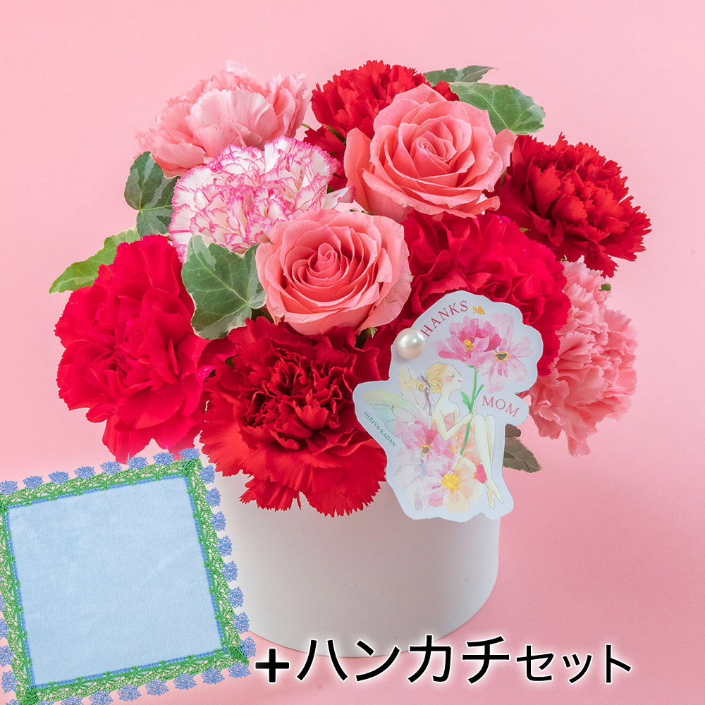 母の日 NozomiYuasa× アレンジメント「シェールママン・ロゼ」 近沢レース店「タオルハンカチ」付き 日比谷花壇
