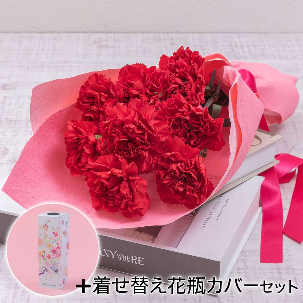 母の日 赤いカーネーションの花束「ありがとうの花」 着せ替え花瓶カバー(湯浅望イラスト)付き 日比谷花壇