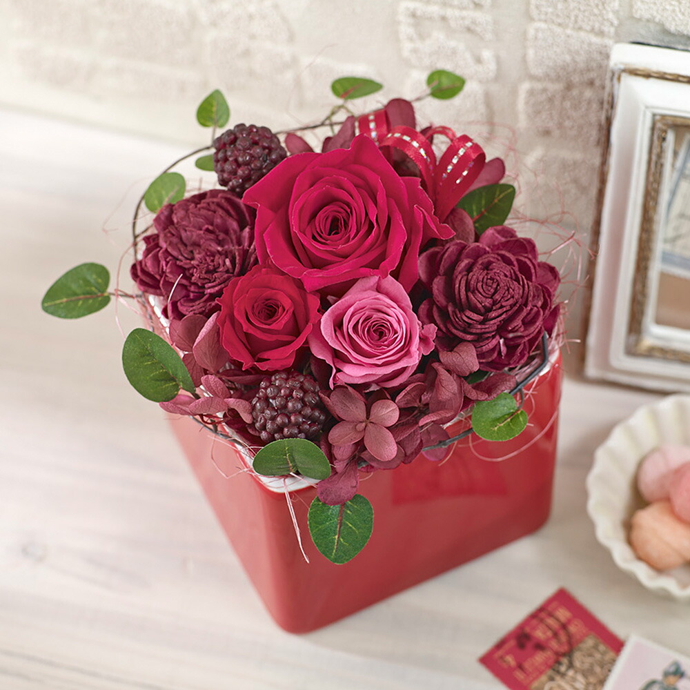 プリザーブドフラワーアレンジメント 赤オレンジ プリザーブドフラワー アレンジメント 赤 (縦16cm×横12cm×奥行12cm) 花