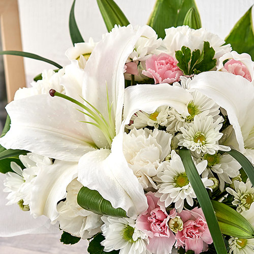 日比谷花壇 お供え花 花 初盆 供花 おまかせアレンジメント 白 ピンク系 お悔やみ 仏事 法事 命日 一周忌 法要 Schwimmbad Delphine De