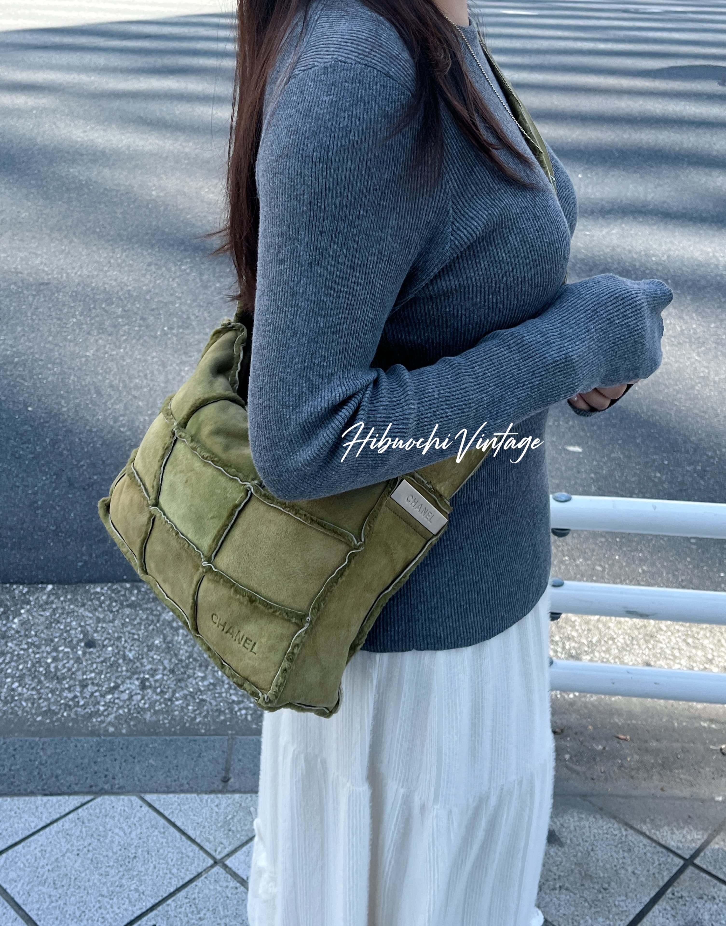 【中古】CHANEL シャネル ココマーク パッチワーク ショルダーバッグ グリーン ムートン スエード 6番台 ヴィンテージ レディース【中古美品】HIBUOCHI VINTAGE　HBOC260222A03