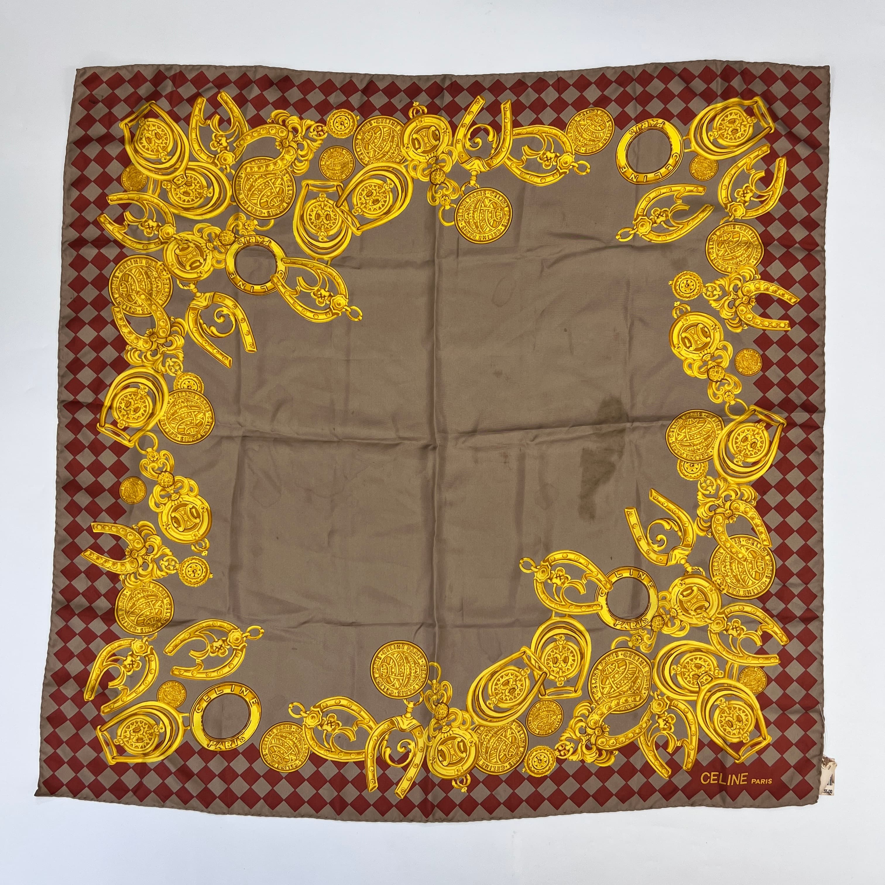 ☆ 【未使用品】 CELINE セリーヌ 大判スカーフ セリーヌ CELINE スカーフ ストール 大判 シルク 総柄 エンジ