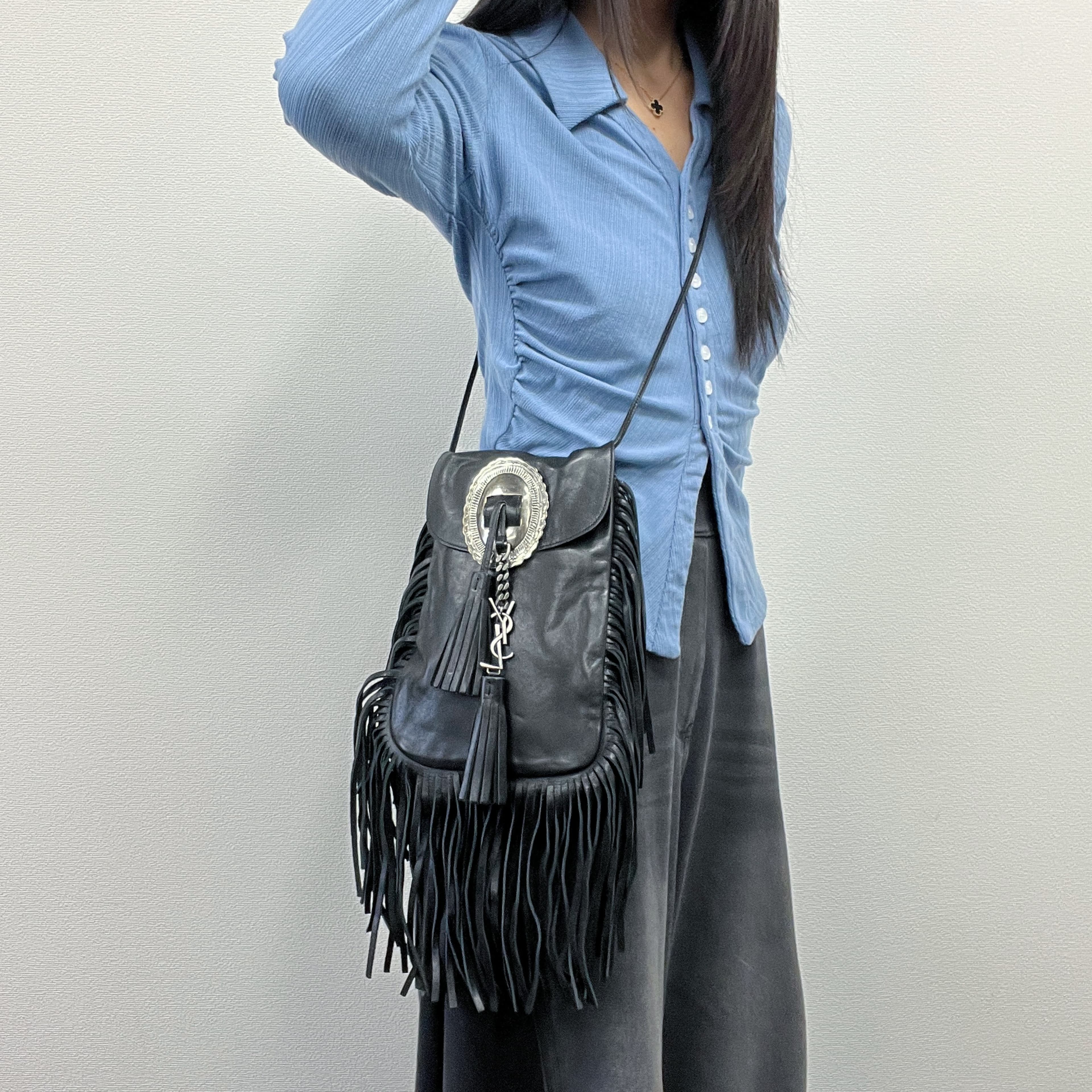 【中古】Saint Laurent サンローラン アニタ フリンジ ショルダーバッグ ブラック レザー ヴィンテージ レディース【中古美品】HIBUOCHI VINTAGE HBOC260224A05