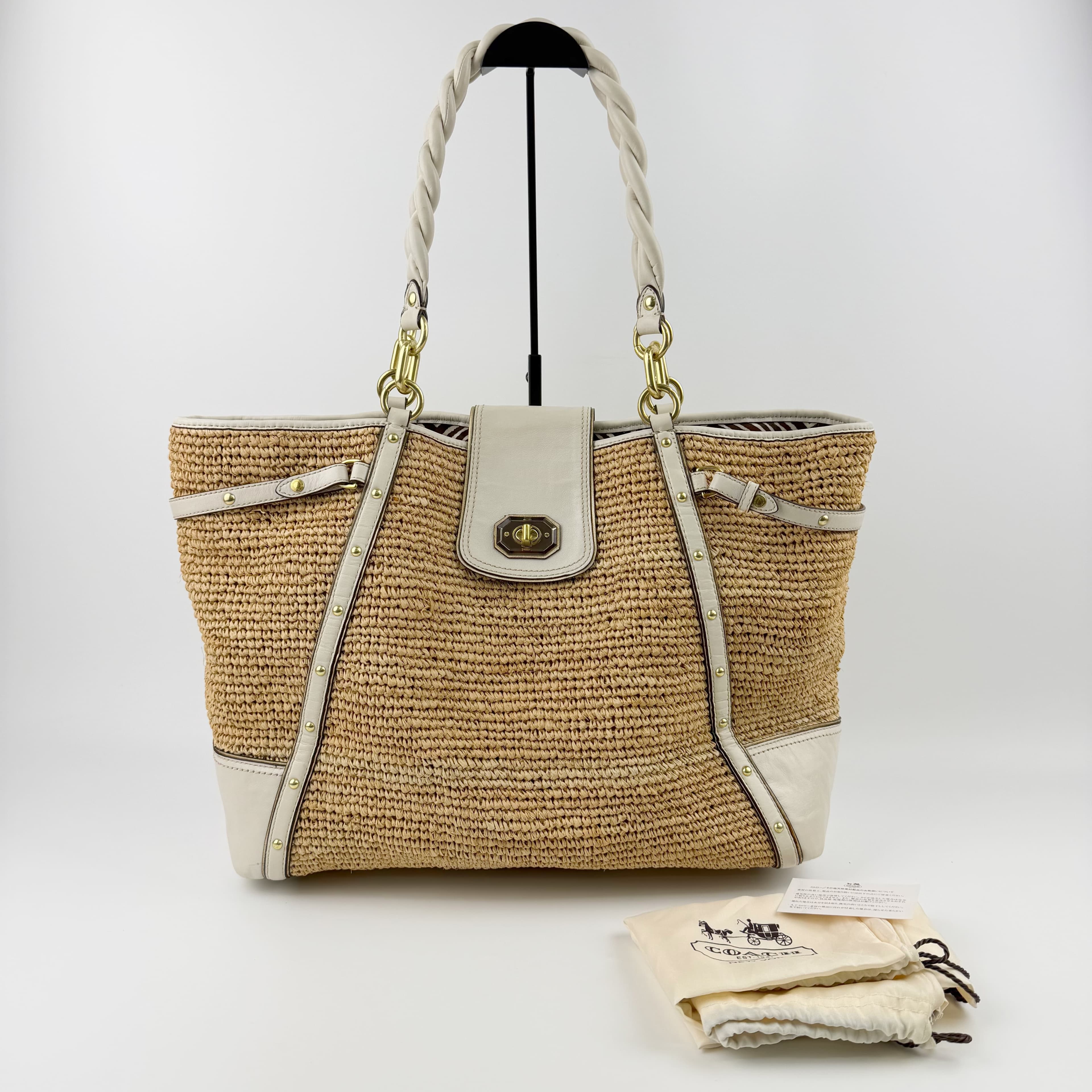 【中古】COACH コーチ職 トートバッグ ラフィア なめし革 ベージュ 白いこと 金具ゴールド ヴィンテージ レディース HIBUOCHI VINTAGE hboc260602a05