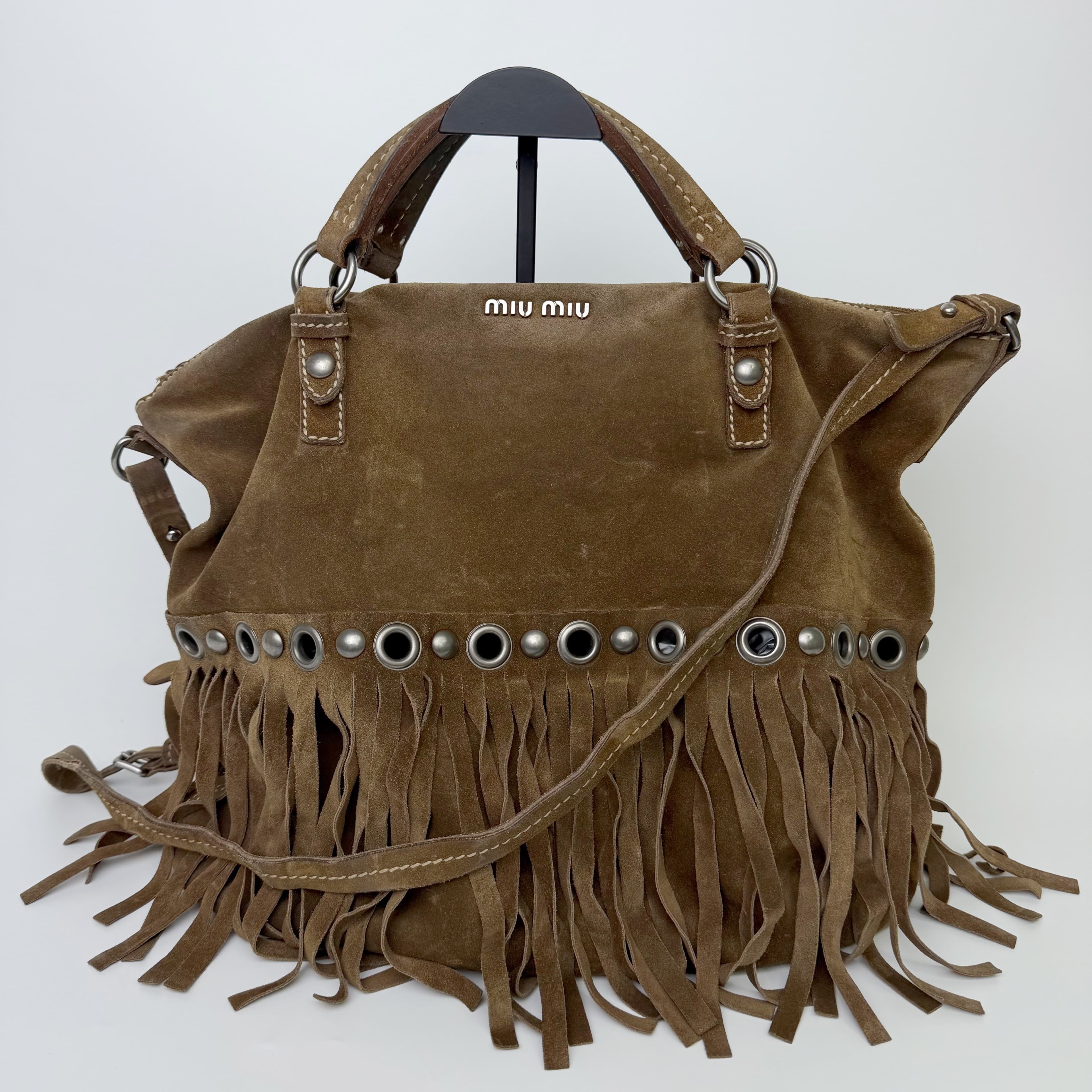 【中古】MIU MIU ミュウミュウ スタッズ グロメット フリンジ 2WAY ハンドバッグ ショルダーバッグ スエード ブラウン ヴィンテージ レディース HIBUOCHI VINTAGE hboc260715a01｜HIBUOCHI　VINTAGE　店