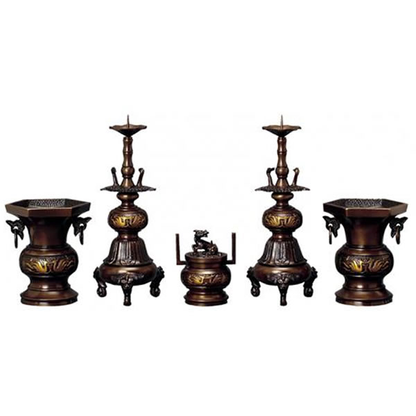 楽天市場】六角鳥地紋 五具足セット 4.5寸【仏具】浄土真宗本願寺派で