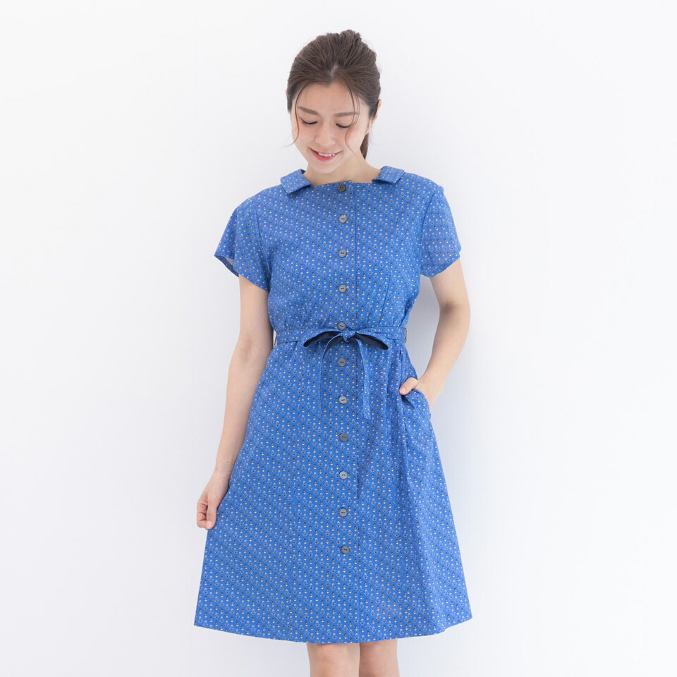 お好きなサイズと生地でカスタムオーダー お直し1回無料 半袖ワンピース ブティックひでき 襟付きスクエアネック ウエストリボン 前開きボタン ウエストリボン 半袖ワンピース ブティックひでき 7号 15号 オーダーメイド ヨーロッパ服地のひでき