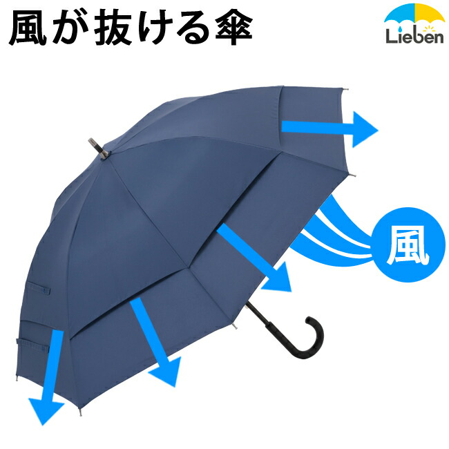 傘 メンズ 風が抜ける 強風対応傘 65cm×8本骨 紺 雨傘 大きい 耐風 丈夫 強い グラスファイバー LIEBEN-0122のご紹介
