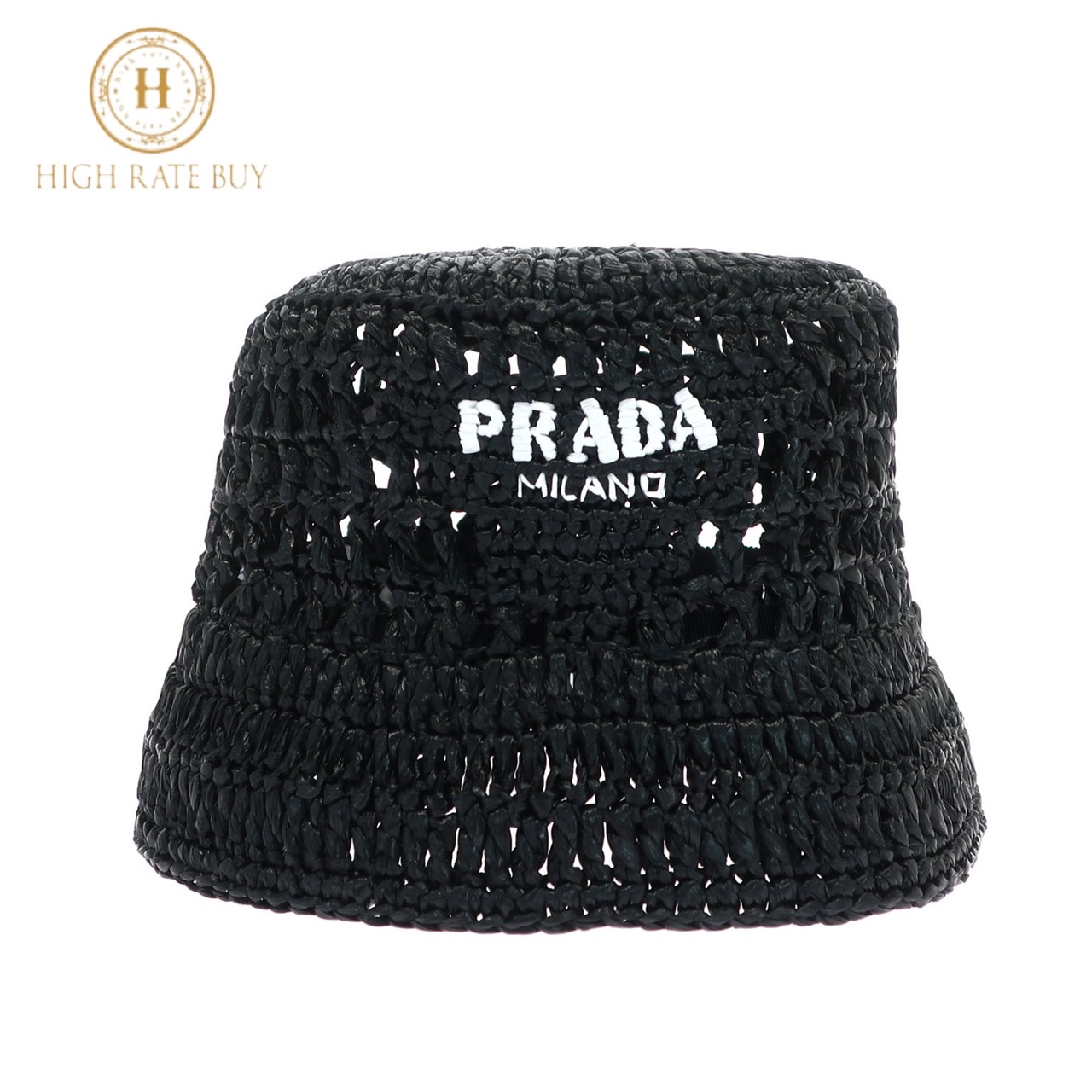 Prada ロゴ 三角プレート ラフィア バケットハット 帽子 ブラック×ベージュ M (211670