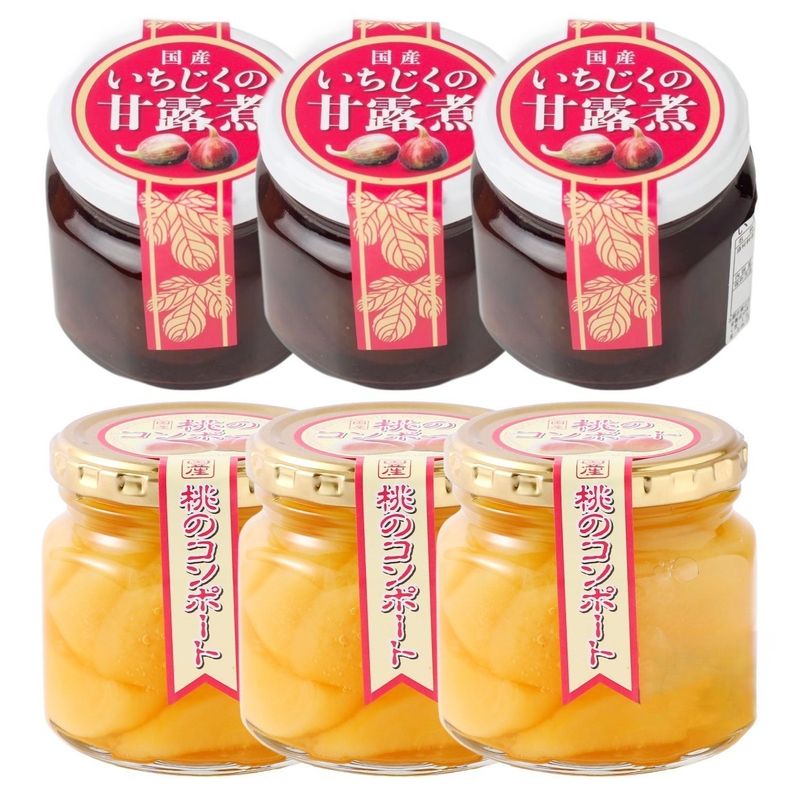 【マルシンフーズ】桃＋いちじく 各種3本セット 桃のコンポート 220g×3本、いちじくの甘露煮 260g×3本 / スイーツ 国産 福島県 セット フルーツ 果物 デザート ヨーグルト アイス トッピング 手土産 ひとくちサイズ