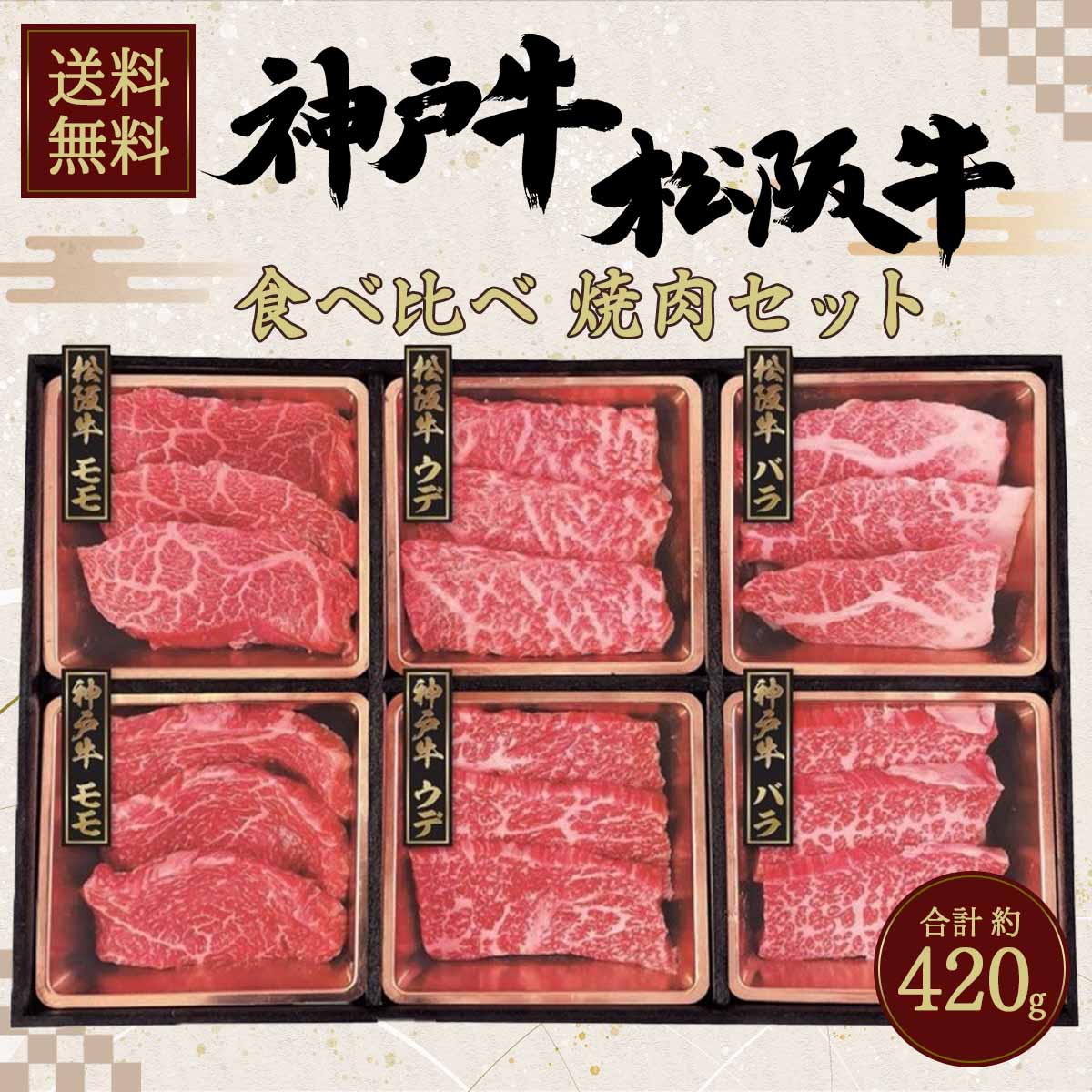 ★5/23～5/27限定！お得なクーポン配布中★<br>ビーフマイスター 神戸牛 & 松阪牛 食べ比べ 焼肉セット 計420g 【送料無料】