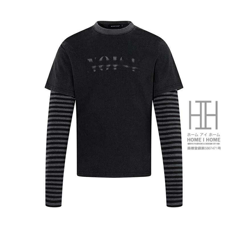 tシャツ メンズ 長袖 丸首 フェイクレイヤード 重ね着風 ロンt アメカジ ストリート ダーク系 黒 ビンテージ ウォッシュ加工 おしゃれ カットソー トップス|新京商店