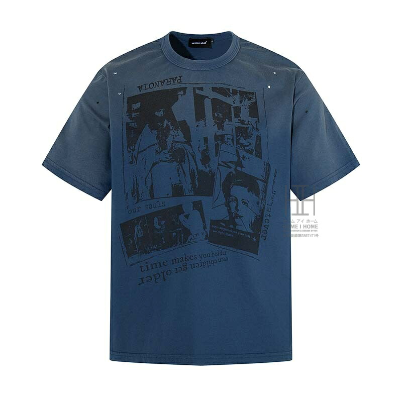 半袖Tシャツ メンズ クルーネック 丸首 アメカジ ウォッシュ加工 プリント ロゴ 破れ加工 ダメージ加工 ほつれ加工 おしゃれ ストリート カジュアル 夏 新作
