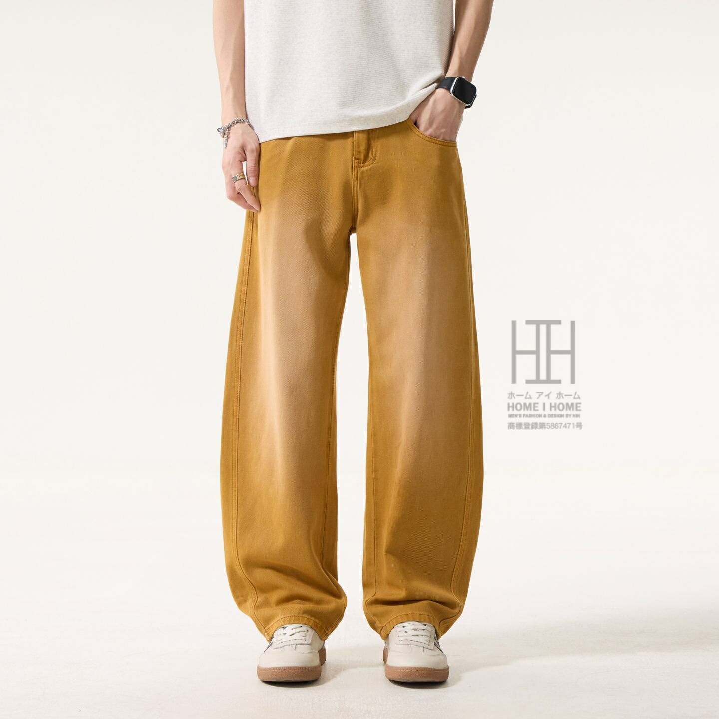 ワイドパンツ デニムパンツ メンズ ストレッチ 高伸縮 おしゃれ ジーンズ ロングパンツ カッターパンツ ストレート ゆったり イエロー ジンジャーイエロー