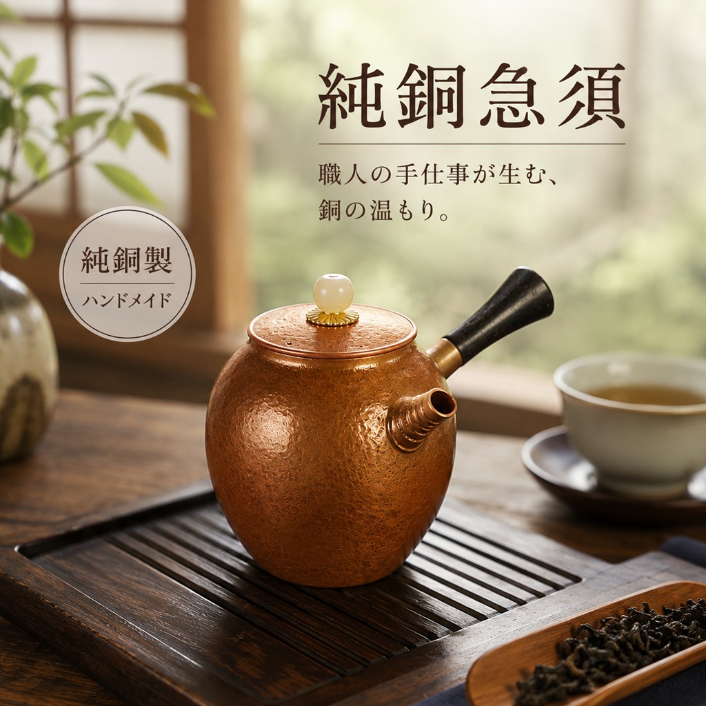 ハンドメイド 手作り 純銅急須 銅製ティーポット 茶器 茶道具 小型急須 150ml 職人仕上げ おしゃれ レトロ 和モダン 手仕事 槌目模様 茶湯器 コンパクト ギフト プレゼント｜HIKARI STORE