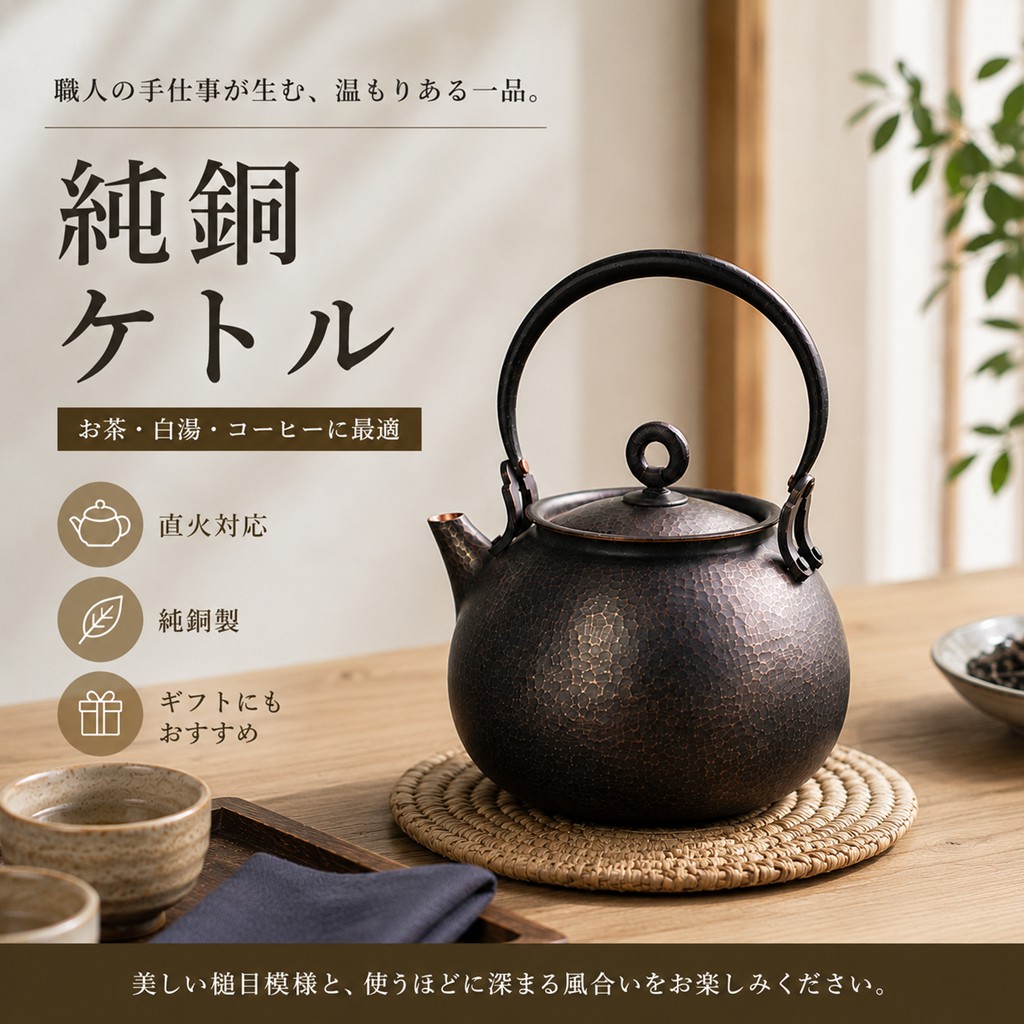 ハンドメイド 手作り 純銅 銅ケトル 銅やかん 湯沸かしケトル 600ml 吊り手ケトル 茶器 茶道具 槌目仕上げ 直火対応 銅ポット 白湯 お茶 コーヒー 職人仕上げ キッチン用品 ギフト|HIKARI STORE