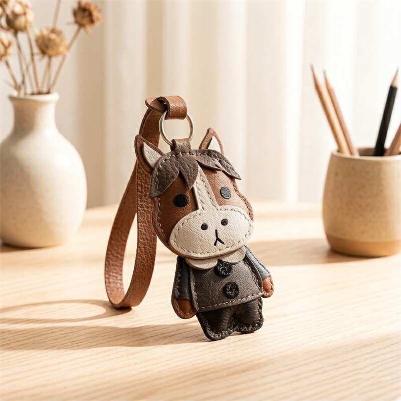 本革 馬モチーフ キーホルダー バッグチャーム ストラップ ハンドメイド 手作り レザー ナチュラル 可愛い アニマルデザイン ギフト プレゼント キーリング 革小物｜HIKARI STORE