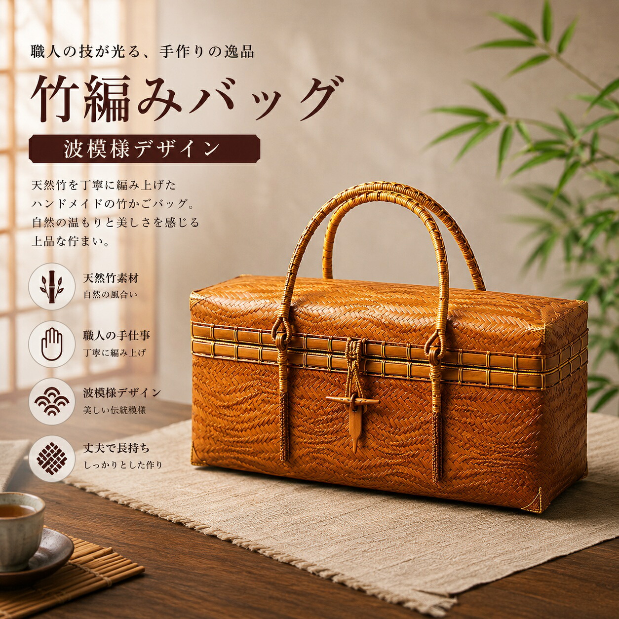 波模様 竹 籠 工芸品 手編み かごバッグ バンブーバスケット 青海波 籠 かご バッグ コンパクト 巾着 手作り 篭 かご 工芸品 工藝 民藝 民芸 竹籠 竹細工 かご バスケット プレゼント ギフト 母の日 竹製|HIKARI STORE