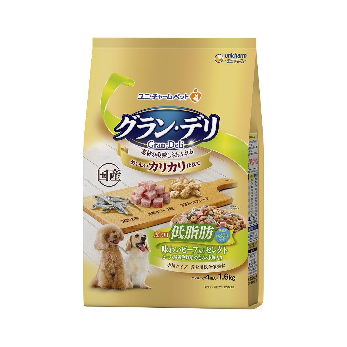 ユニチャーム グラン・デリ カリカリ仕立て 成犬用 低脂肪味わいビーフ入りセレクト ~脂肪分約25％カット~ 1.6kg×4袋