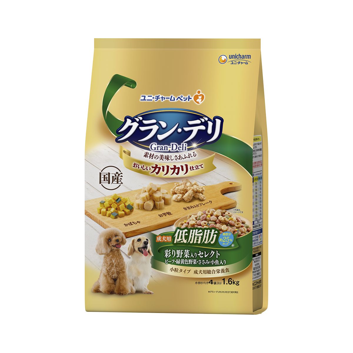 ユニチャーム グラン・デリカリカリ仕立て成犬用低脂肪彩野菜入りセレクト 脂肪分約25％カット 1.6kg×4