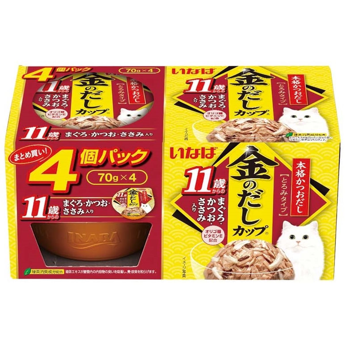 いなばペットフード 金のだしカップ4個パック11歳からのまぐろ・かつお・ささみ入り70g×4×12