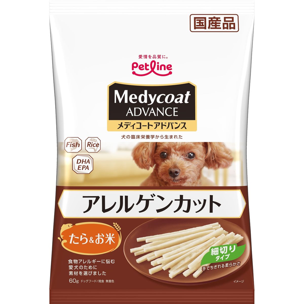 ペットライン メディコートアドバンス アレルゲンカット ジャーキー たら＆お米 細切りタイプ 60g×36