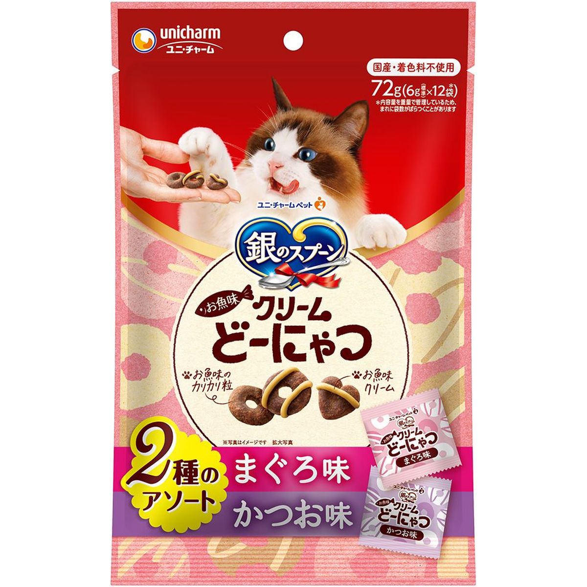 ユニ・チャーム 銀のスプーン おやつお魚味クリームどーにゃつ2種のアソートまぐろ＆かつお味 72g×24