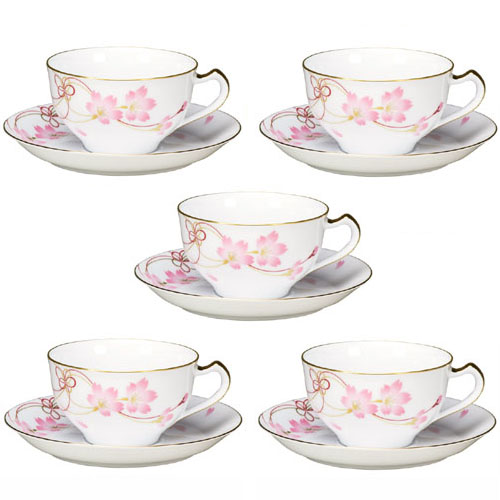皇室御用達 大倉陶園 日本製 桜シリーズ 結桜 コーヒーカップ＆ソーサー ５客セット 235ml [ブランドロゴ入りギフトＢＯＸ] 人気 ギフト 御祝 結婚祝 出産祝 新築祝 結婚内祝 出産内祝 新築内祝 各種内祝 快気祝 粗品 景品 記念品 歳祝